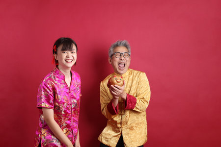 Happy Chinese new year. Asian senior man and woman wearing chinese traditional clothing with gesture of holding gold Chinese piggy bank isolated on pink background.の写真素材