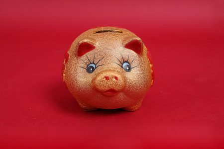 Golden Chinese piggy bank isolated on red background.の写真素材