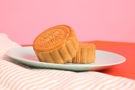 Traditional Chinese dessert Moon cake or Chinese pastry isolated on pink and orange background....