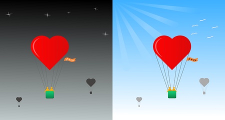 Travel lovers in a balloon in the form of heartのイラスト素材