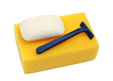 Shower accessories soap razor sponge side viewの写真素材