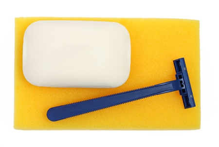 Shower accessories soap razor sponge top viewの写真素材