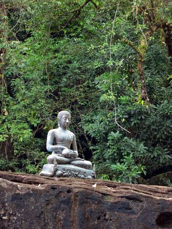 Buddha meditates sitting on a rock in nature                               の写真素材