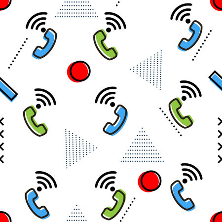 Phone memphis pattern. Seamless pattern with phone icon. Design for wall decoration, postcard, poster, brochure, shirt, etcのイラスト素材