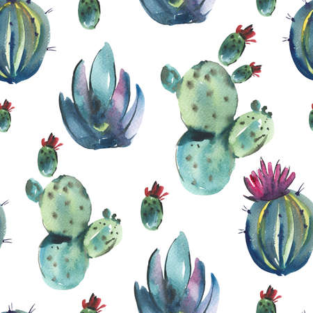 Exotic watercolor cactus seamless pattern. Cactus, succulent, flowers. Abstract natural texture on white backgroundの写真素材