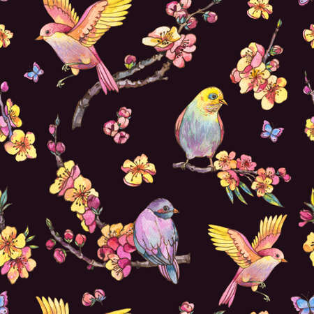Watercolor spring seamless pattern, vintage floral bouquet with birds, blooming branches of cherry, sakura, apple trees and butterflies, isolated botanical illustrationの写真素材