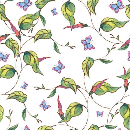 Watercolor seamless pattern with purple wildflowers, curls and butterflies, botanical summer illustration on white backgroundの写真素材