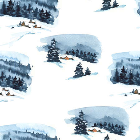 Vintage Christmas watercolor seamless pattern with cozy forest winter landscape. Fairytale  countryside winter watercolor illustrationの写真素材