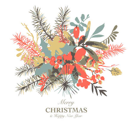 Winter floral vector greeting card with branches of holly, flowers and berries. Natural hand painted illustration on white background, New Year decorationのイラスト素材