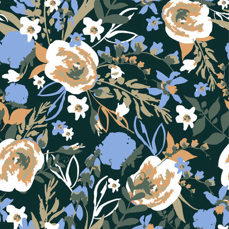 Vintage Vector Floral Seamless Pattern with Wildflowers, Natural Summer Illustration, Blue and White Flowersのイラスト素材