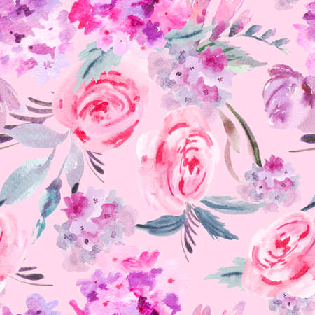 Watercolor floral seamless pattern with roses, hydrangea, leaves and buds. Invitation greeting card. Natural floral illustration on pink backgroundの写真素材