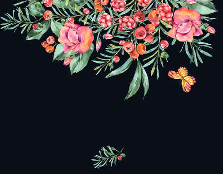 Watercolor Vintage Bouquet with Berries, Wildflowers, Blackberry and Butterflies. Invitation Greeting Card. Natural Floral Illustration Isolated on Black Background, Summer Flowersの写真素材