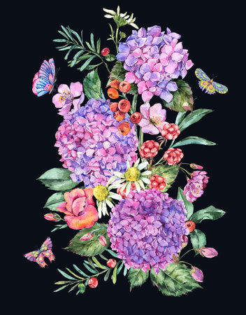 Watercolor Summer Pink Hydrangea, Chamomile, Berries, Wildflowers, Blackberry and Butterflies....