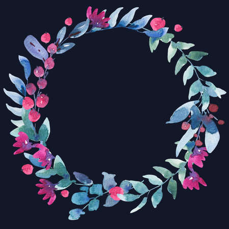 Watercolor Vintage Wreath with Berries, Wildflowers, Green Leaves. Natural Floral Round Frame on Black Background, Forest Autumn Flowersの写真素材