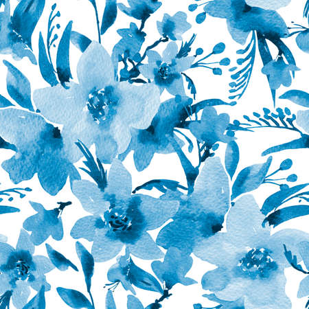 Blue Watercolor Vintage Seamless Pattern with Summer Wildflowers, Natural Floral Illustration on White Backgroundの写真素材