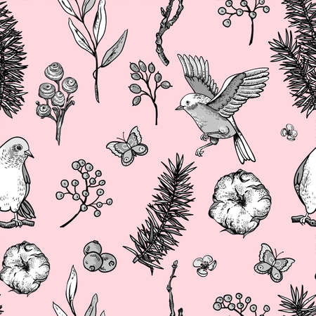 Vector monochrome vintage floral spring seamless pattern with birds, fir branches, cotton, flowers and butterflies, natural forest illustrationのイラスト素材