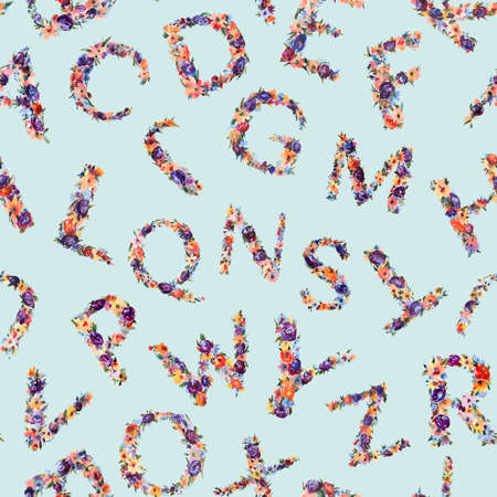 Floral Watercolor Alphabet Seamless Pattern, Summer Natural Letters on Blue Background. Floral Wedding Font Illustration の写真素材