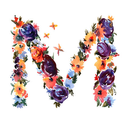 Floral Watercolor Letter M Made of Flowers, Isolated Summer Letter on White Background. Floral Wedding Font  Illustration の写真素材
