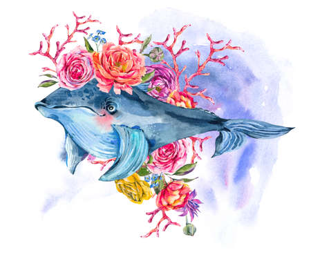 Blue whale watercolor with rose, anemones, summer flowers. Nautical greeting card, sea animal isolated on white background, underwater clipartの写真素材