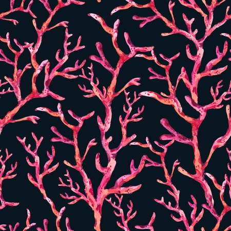 Watercolor seamless pattern with underwater red coral on black background. Natural nautical texture. Sea illustratuon.の写真素材