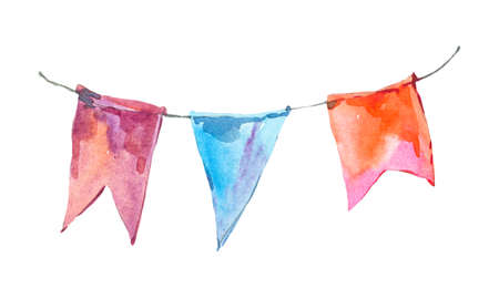 Watercolor colorful party garland and flags isolated on white background, hand painted holiday design objectの写真素材