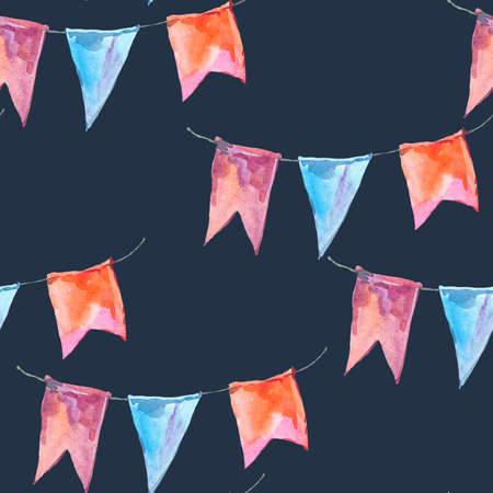 Watercolor colorful party garland seamless pattern and flags on black background, hand painted holiday textureの写真素材
