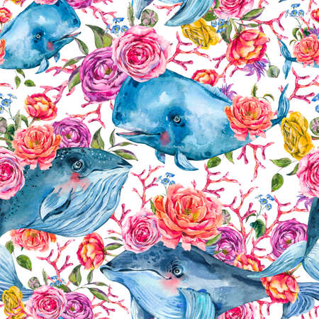 Blue whale watercolor seamless pattern with rose, anemones, summer flowers. Nautical digital paper, sea animal texture on white background, underwater clipartの写真素材