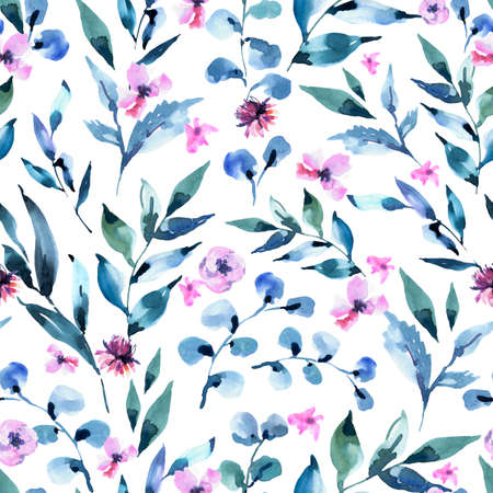 Watercolor Seamless Pattern of Vintage Tiny lilac Turquoise Flowers, Wildflowers. Natural Pink Floral Texture on White Background. Wedding Decor.の写真素材