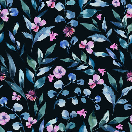 Watercolor Seamless Pattern of Vintage Tiny Magenta Flowers, Wildflowers. Natural Pink Floral Texture on Black Background. Wedding Decor.の写真素材