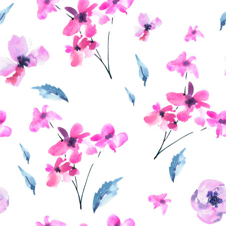 Watercolor Seamless Pattern of Vintage Tiny Magenta Flowers, Wildflowers. Natural Pink Floral Texture on White Background. Wedding Decor.の写真素材