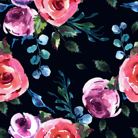 Roses Watercolor Floral Seamles Pattern, Pink Watercolor Rose, Wildflowers, Twigs, Leaves, Buds. Vintage Floral Texture on Black Background. Natural Frameの写真素材