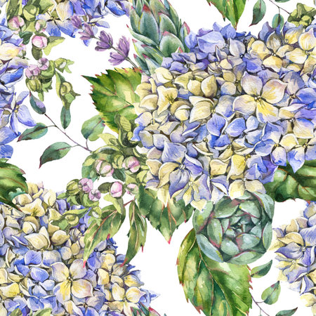 Watercolor blooming blue hydrangea seamless pattern, leaves, buds. Natural botanical floral texture...