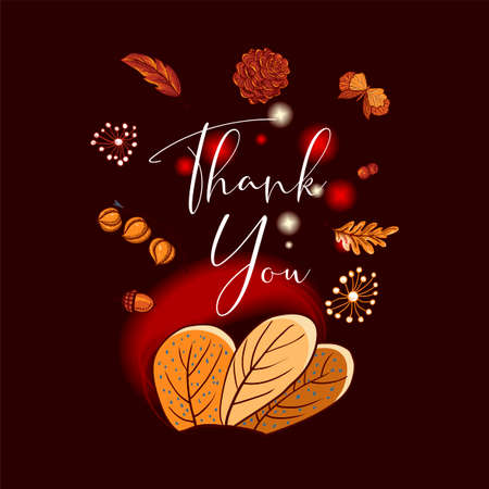 Cozy autumn greeting card, orange leaves, flowers, pine cone, berries, pumpkin, lantern and butterflies, vector thank you Illustrationのイラスト素材