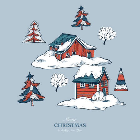 Ð¡hristmas illustration, winter red houses covered with snow in scandinavian style, Happy New Year natural greeting card, vintage mountains landscape のイラスト素材