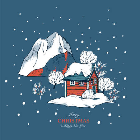 Ð¡hristmas illustration, winter red houses covered with snow in scandinavian style, Happy New Year natural greeting card, vintage mountains landscape のイラスト素材