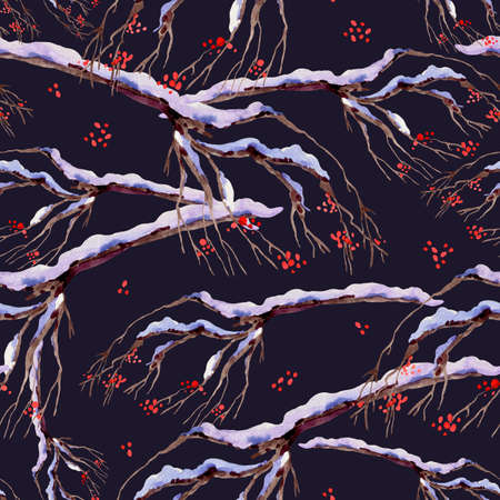 Watercolor winter seamless pattern with tree branches covered with snow, red berries. Natural Christmas texture on black background.の写真素材
