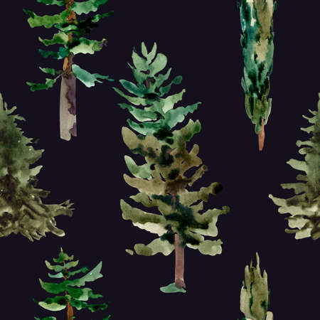 Watercolor natural forest seamless pattern of evegreen trees, Green tree texture on black background. Woodland wallpaperの写真素材