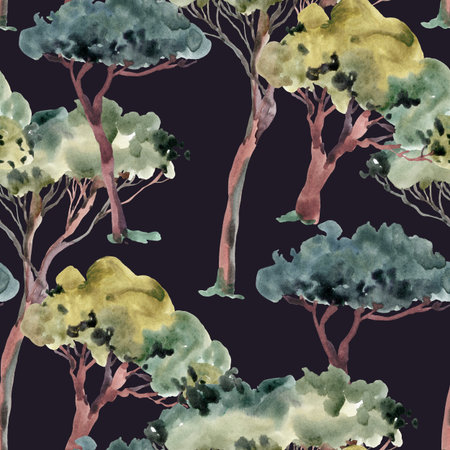 Watercolor natural set of green trees, forest collection isolated on black background. Woodland...