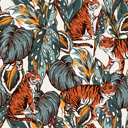 Vector vintage tiger seamless pattern and tropical leaves. Natural houselpant exotic floral texture....