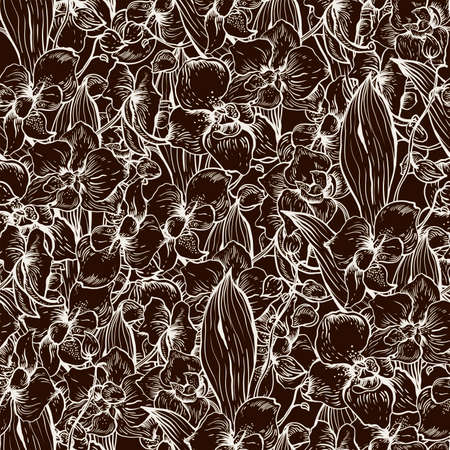 Natural vector seamless pattern with outline blooming orchid. Exotic flowers, botanical vintage texture on black backgroundのイラスト素材