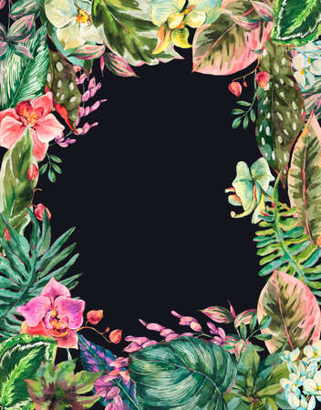 Watercolor botanical tropical leaves vertical frame, orchid flowers, exotic natural flora isolated on black background. Hand painted greenery design collection.の写真素材