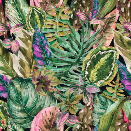 Watercolor botanical tropical leaves seamless pattern, exotic natural floral texture on black background. Hand painted greenery design wallpaper.の写真素材