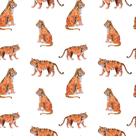 Watercolor tiger seamless pattern on white background. Animal wildlife texture. Vintage hand painted summer design wallpaperの写真素材