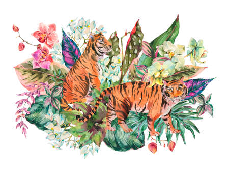 Watercolor tropical jungle, tiger, exotic leaves, colorful flowers greeting card. Greenery design collection. Animal isolated wildlife illustration.の写真素材