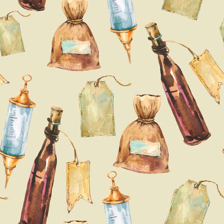 Watercolor vintage pharmacy equipment seamless pattern, label, medicinal bottle, bag with herbs, old syringe texture. Retro wallpaperの写真素材