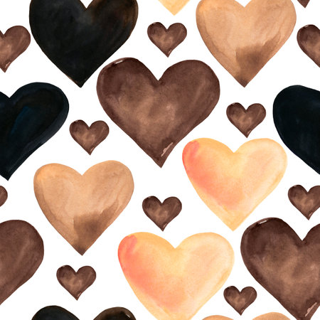 Brown Watercolor Hearts Seamless Pattern on White Background. Black Lives Matter Wallpaper, Sign of...