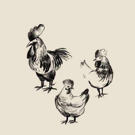 Italian landscape pencil drawing. Travel sketch in vintage style, countryside summer landscapeの写真素材