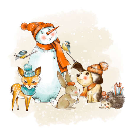 Vintage Christmas greeting card. Woodland fairy tale. Cute dog, snowman, fawn, small hedgehog. Holidays New Year illustration.の写真素材