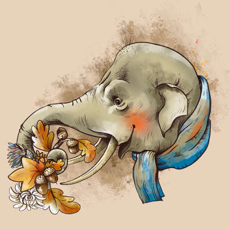 Vintage fall illustration. Cute elephant with autumn leaves and acorns brunch. Safari animalの写真素材