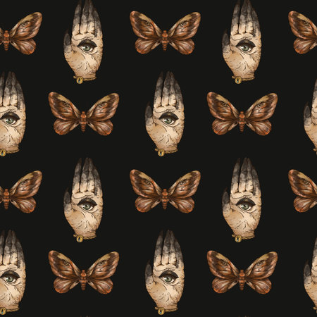 Vintage mystic hand with all seeing eye seamless pattern, moth witch hand texture. Occult witchcraft...